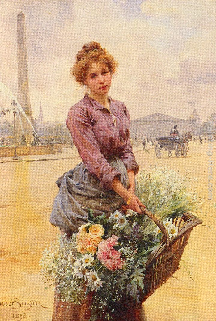 La Marchande Des Fleurs, Place De La Concorde painting - Louis Marie de Schryver La Marchande Des Fleurs, Place De La Concorde art painting